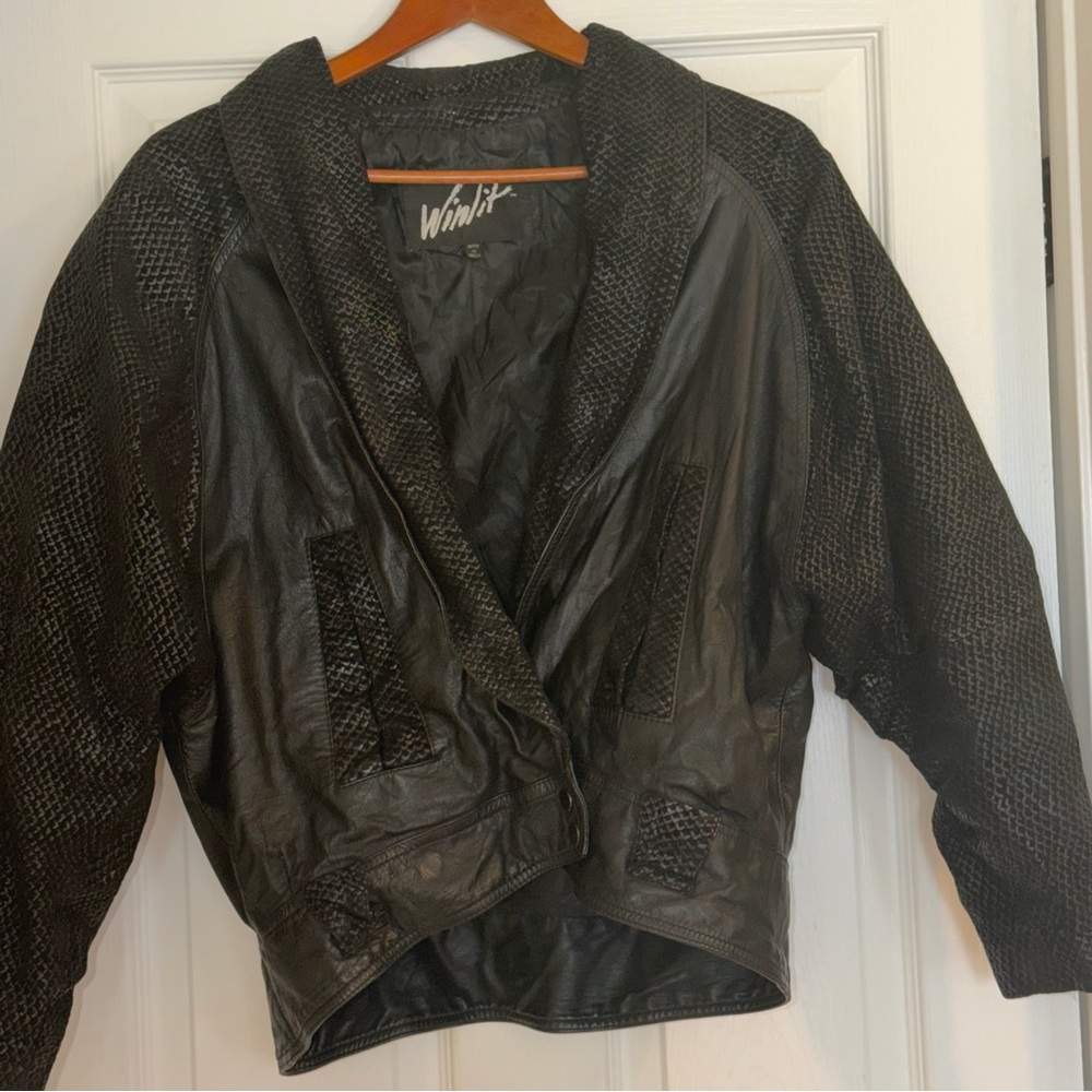 Winlit Women's Black Leather Jacket with Western Lace Patterned Textured Sleeves